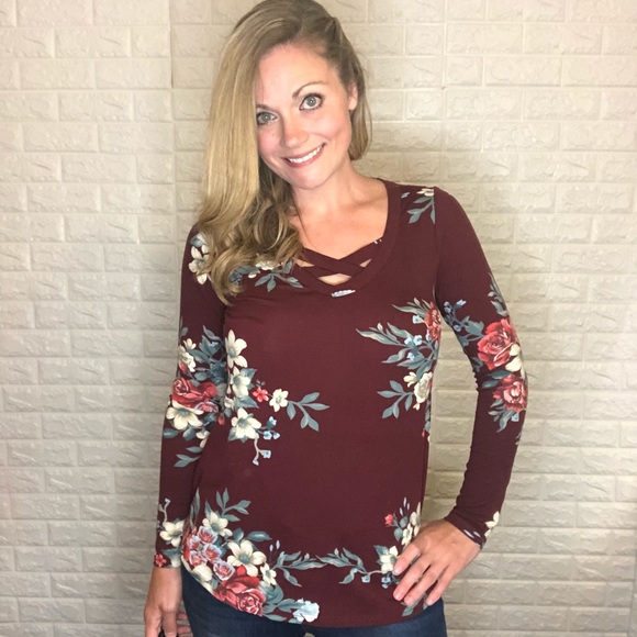 Tops - SOFT Burgundy Floral Caged Neck Long Sleeve Top